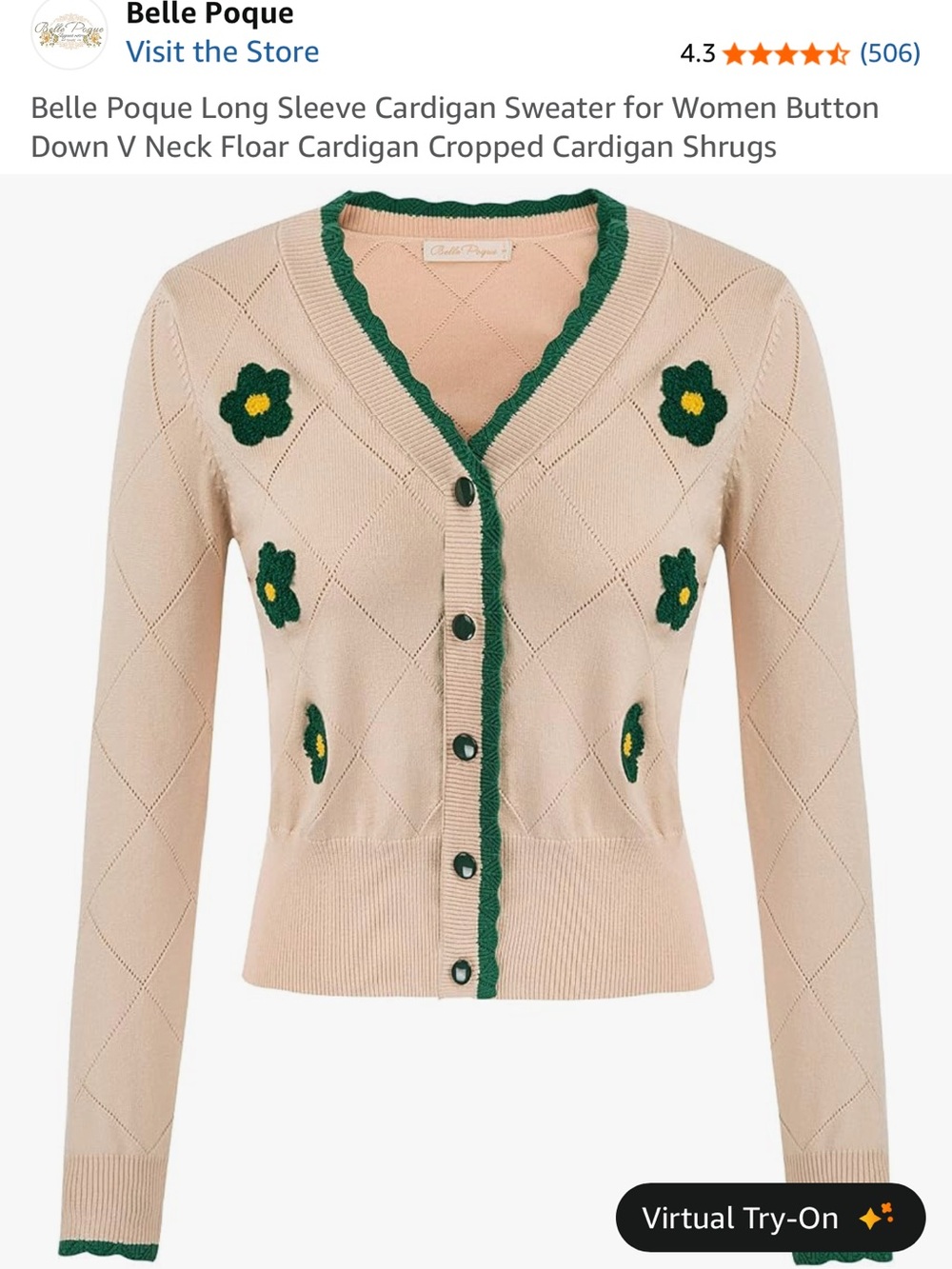 Women's Beige Floral Cardigan Sweater with Green Trim